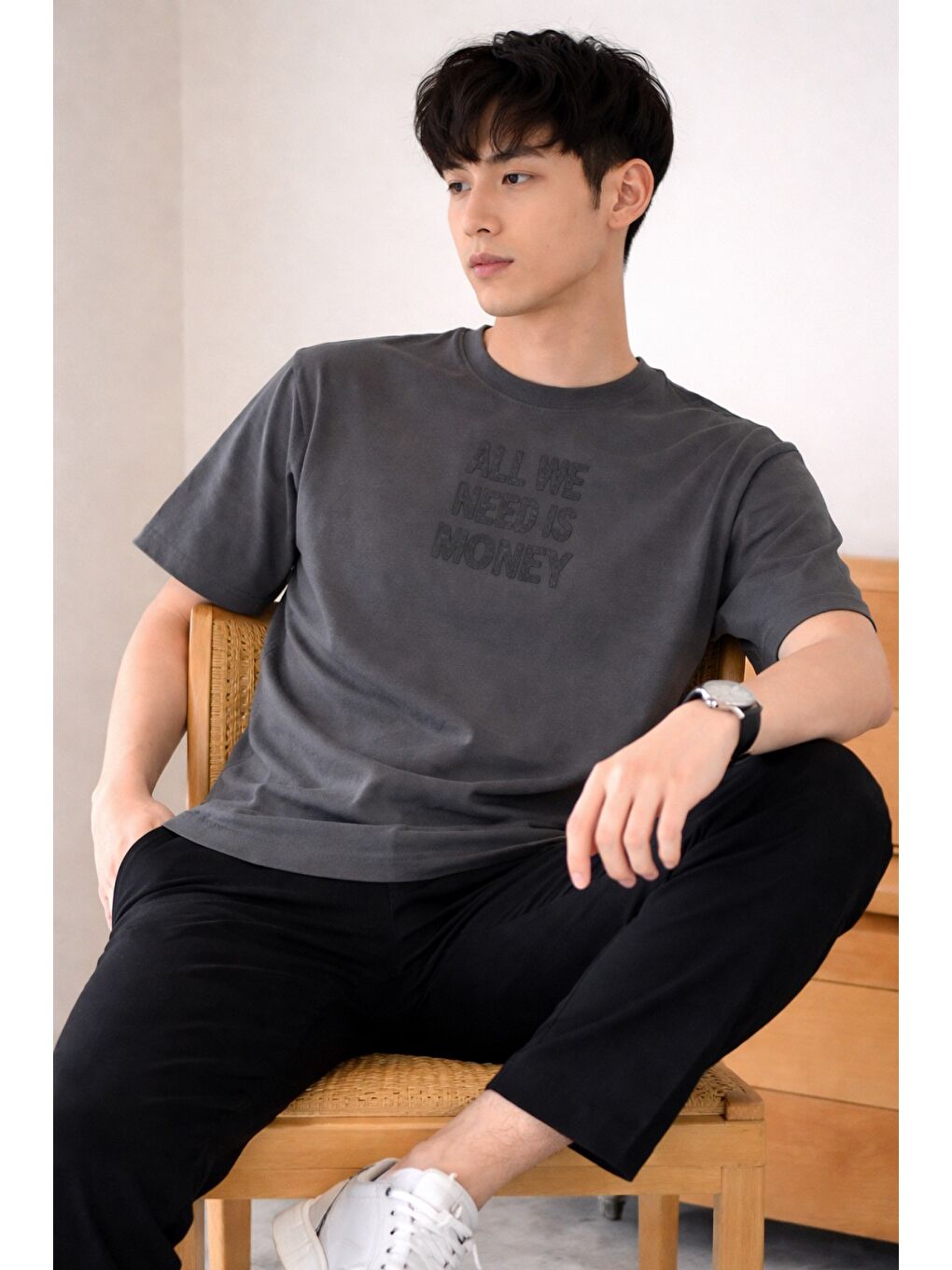 Gri Erkek Oversize Tişört Baskılı “All We Need Is Money” Yazılı Basic Streetwear T-Shirt-2