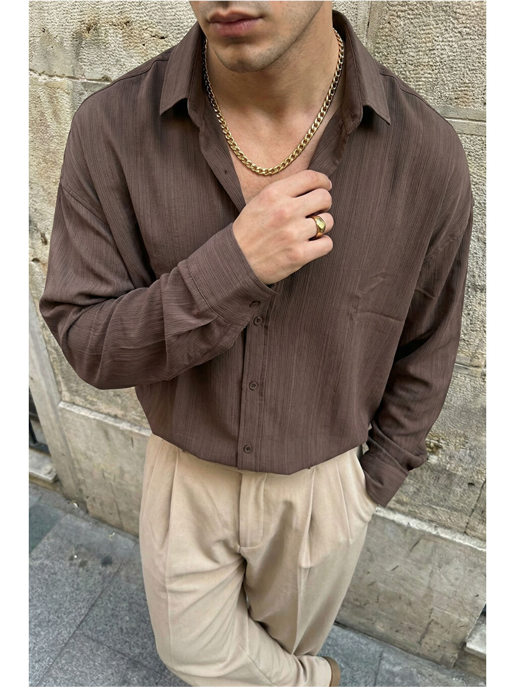 Kahverengi Hive Premium Oversize Erkek Gömlek Kendinden Çizgili-4