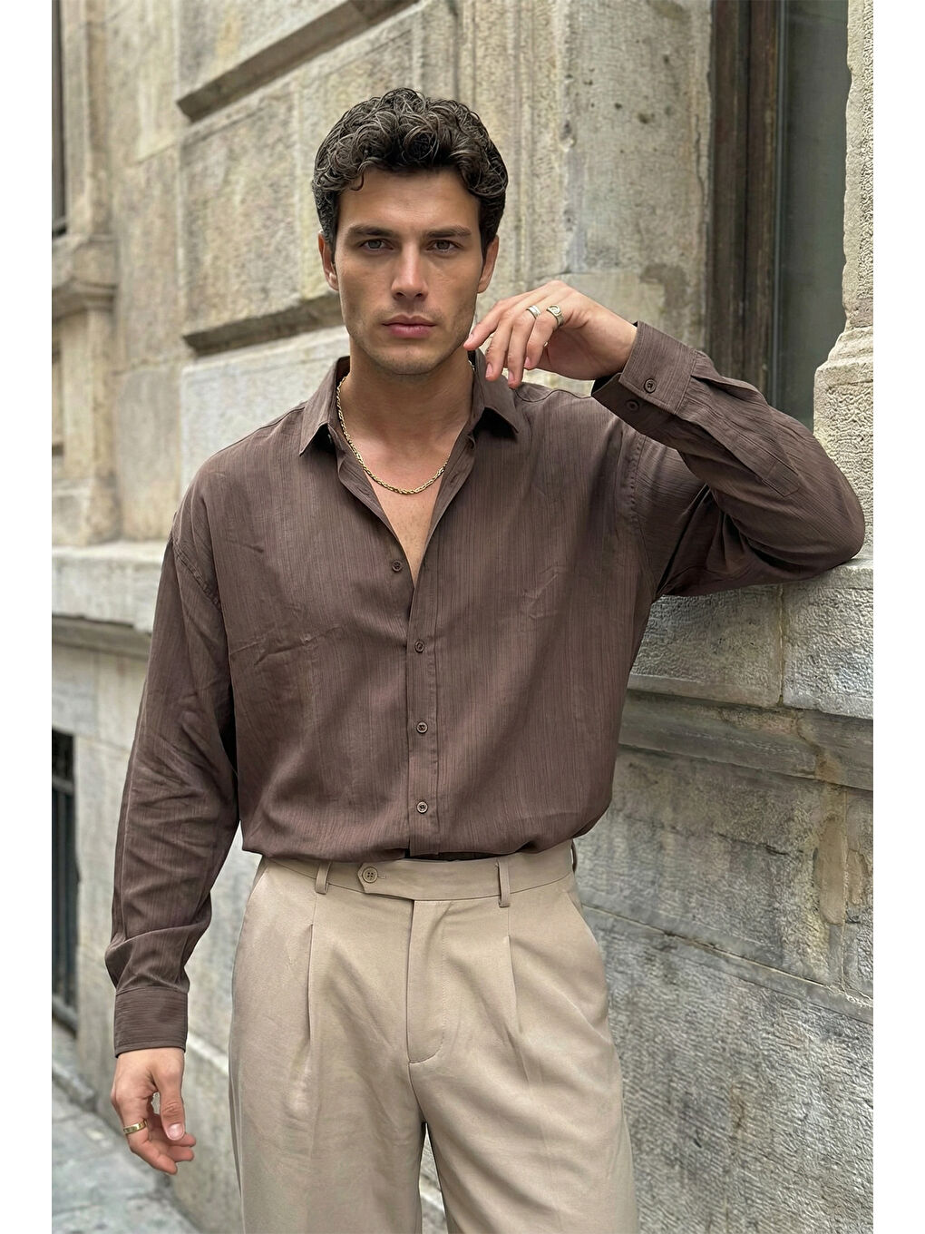 Kahverengi Hive Premium Oversize Erkek Gömlek Kendinden Çizgili-5