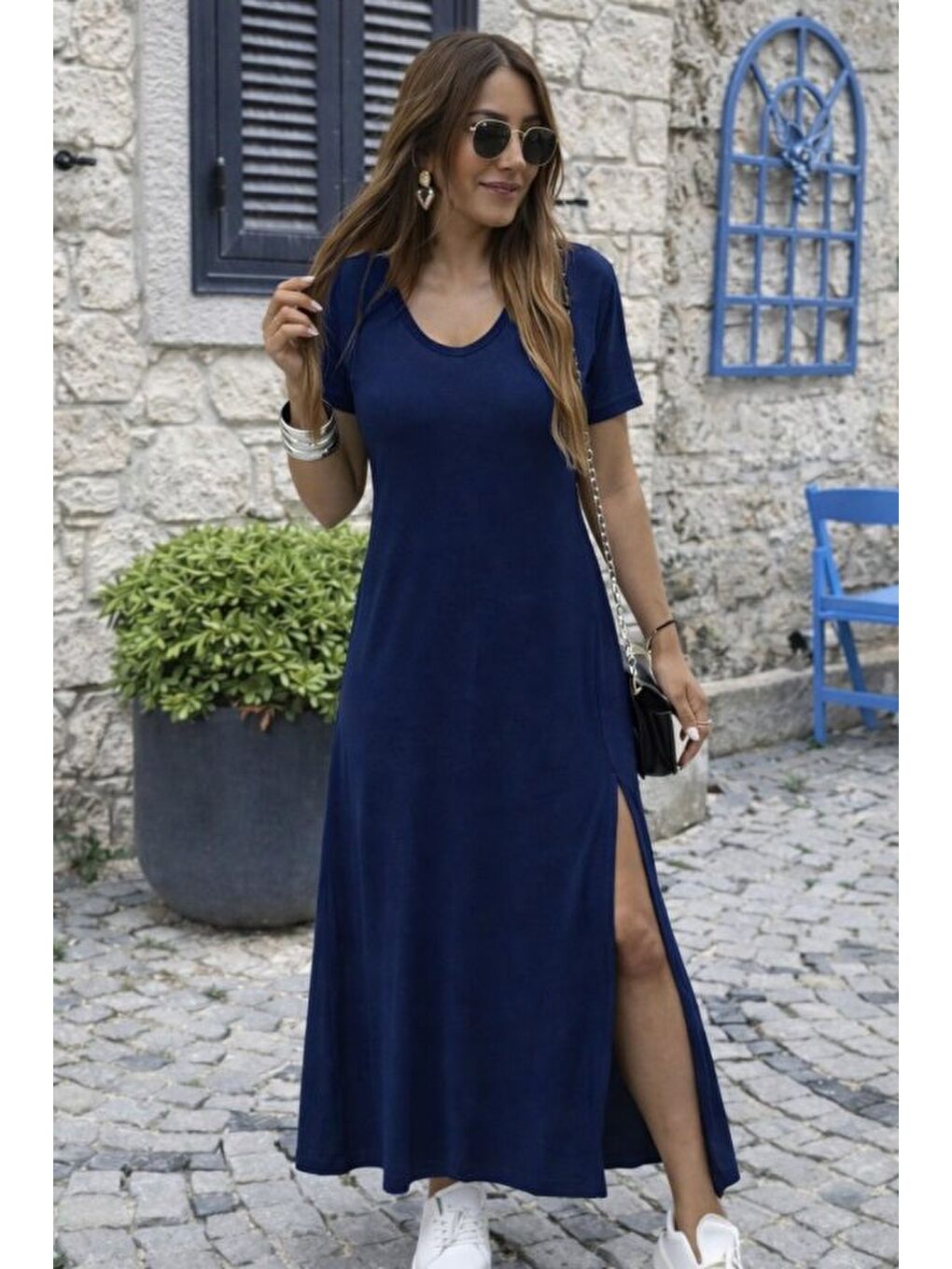 Lacivert Kadın Kısa Kollu V Yakalı Maksi Boy Viskon Elbise