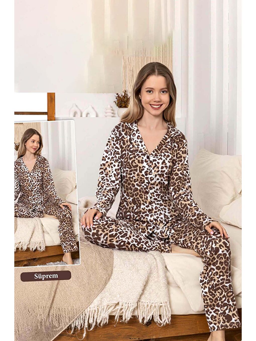 Kadın Leopar Desen Düğmeli Suprem Pijama Takımı 0397 Kahverengi-3