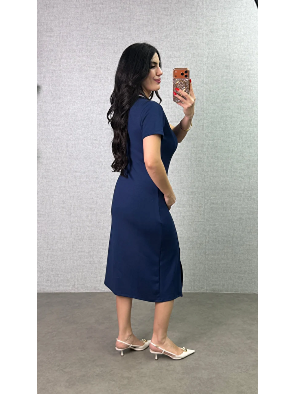 Mavi Kadın Polo Yaka çift Yırtmaç Detay Modal Kumaş Midi Boy Elbise-2