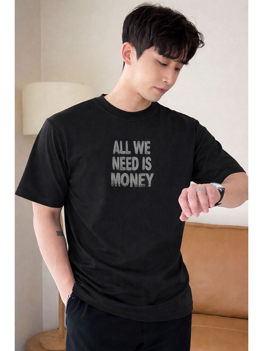 Siyah Erkek Oversize Tişört Baskılı “All We Need Is Money” Yazılı Basic Streetwear T-Shirt-1