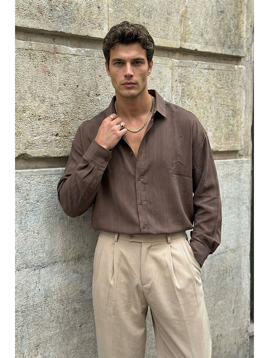 Kahverengi Hive Premium Oversize Erkek Gömlek Kendinden Çizgili-6