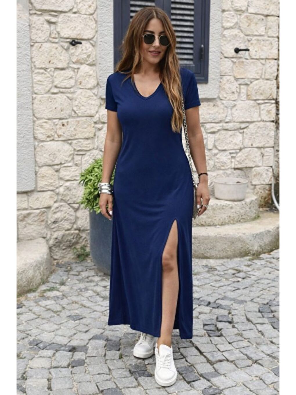 Lacivert Kadın Kısa Kollu V Yakalı Maksi Boy Viskon Elbise-1