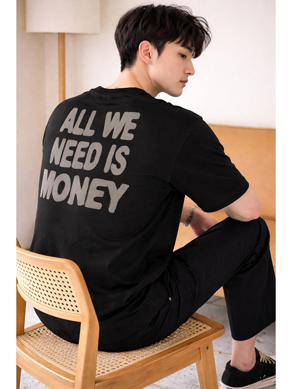 Siyah Erkek Oversize Tişört Baskılı “All We Need Is Money” Yazılı Basic Streetwear T-Shirt-2
