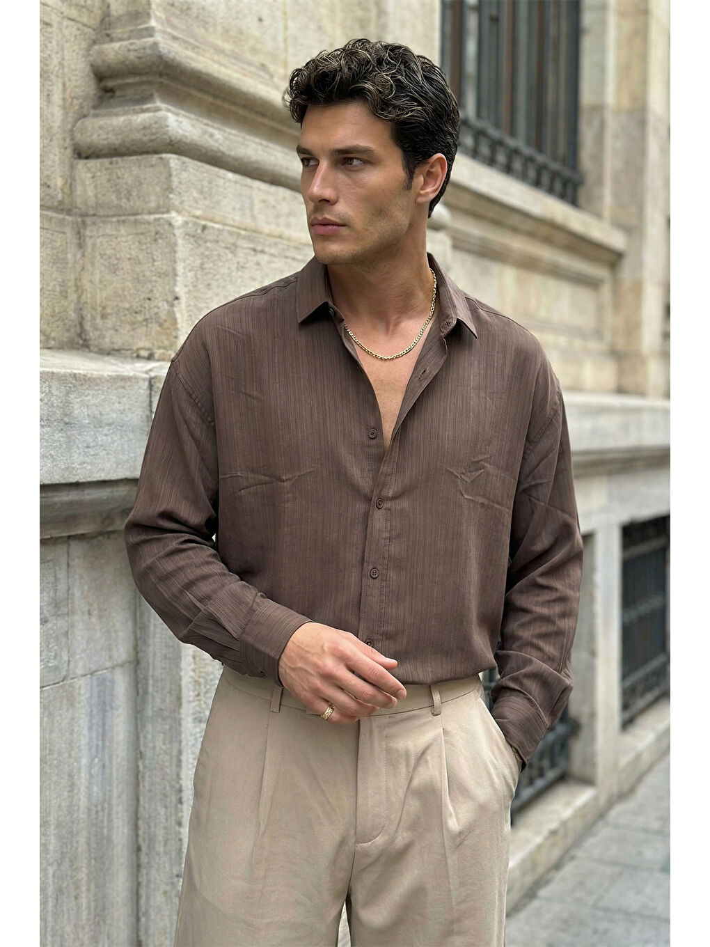 Kahverengi Hive Premium Oversize Erkek Gömlek Kendinden Çizgili-7