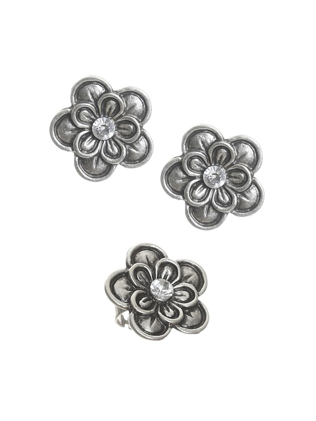 Gri Kadın Antik Gümüş Kaplama Zirkon Taşlı Çiçek Küpe & Yüzük Set