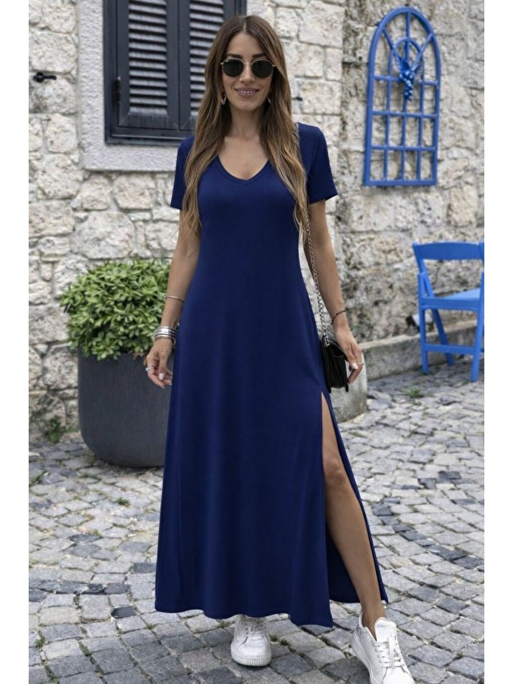Lacivert Kadın Kısa Kollu V Yakalı Maksi Boy Viskon Elbise-2