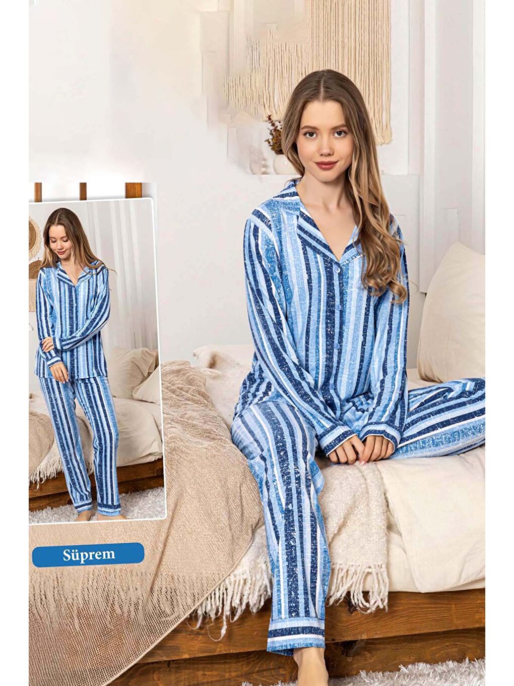 Kadın Çizgili Desen Düğmeli Suprem Pijama Takımı 0324 Mavi-2