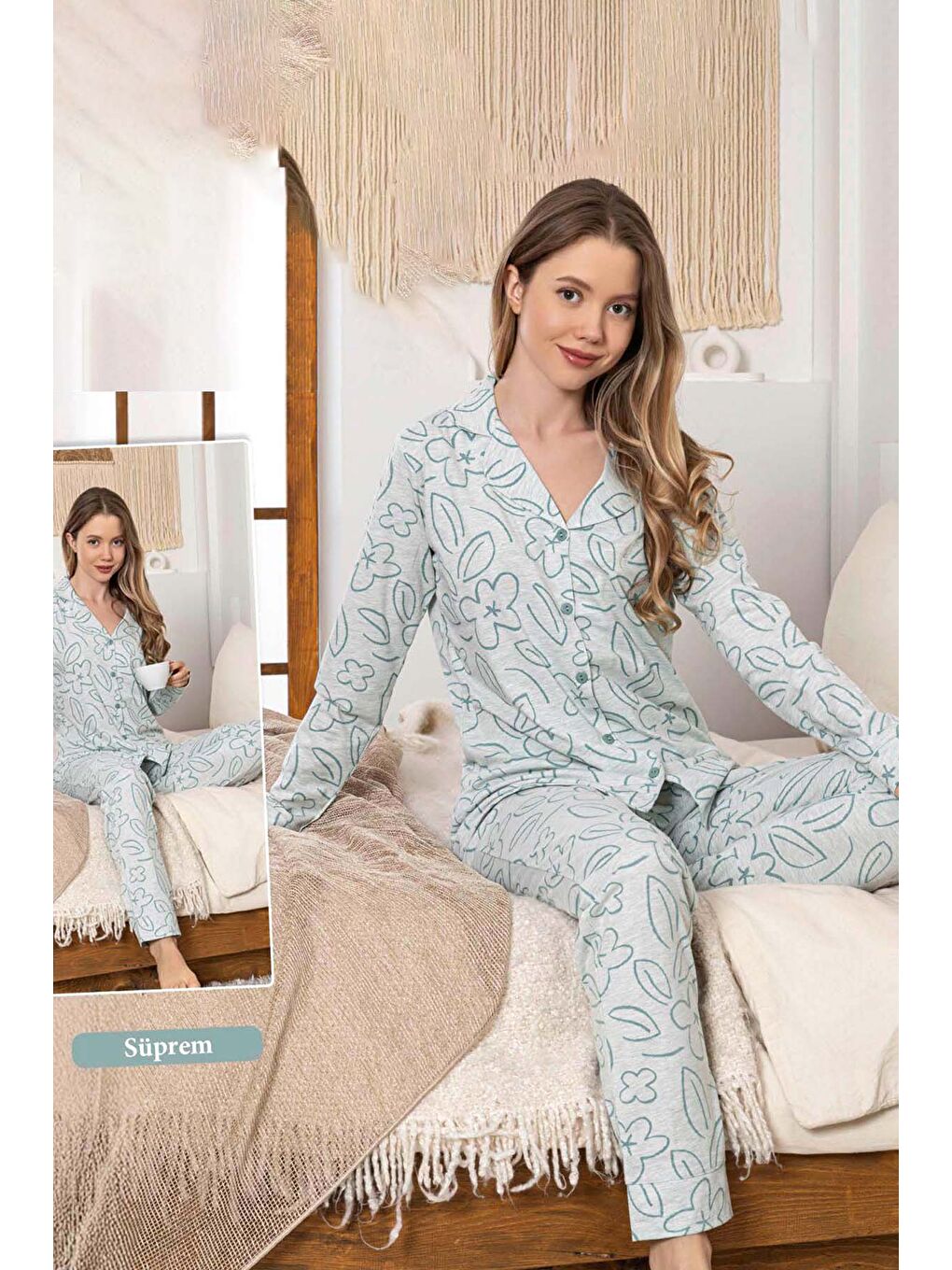 Yeşil Kadın Çiçek Desen Düğmeli Suprem Pijama Takımı 0391 Mint-3
