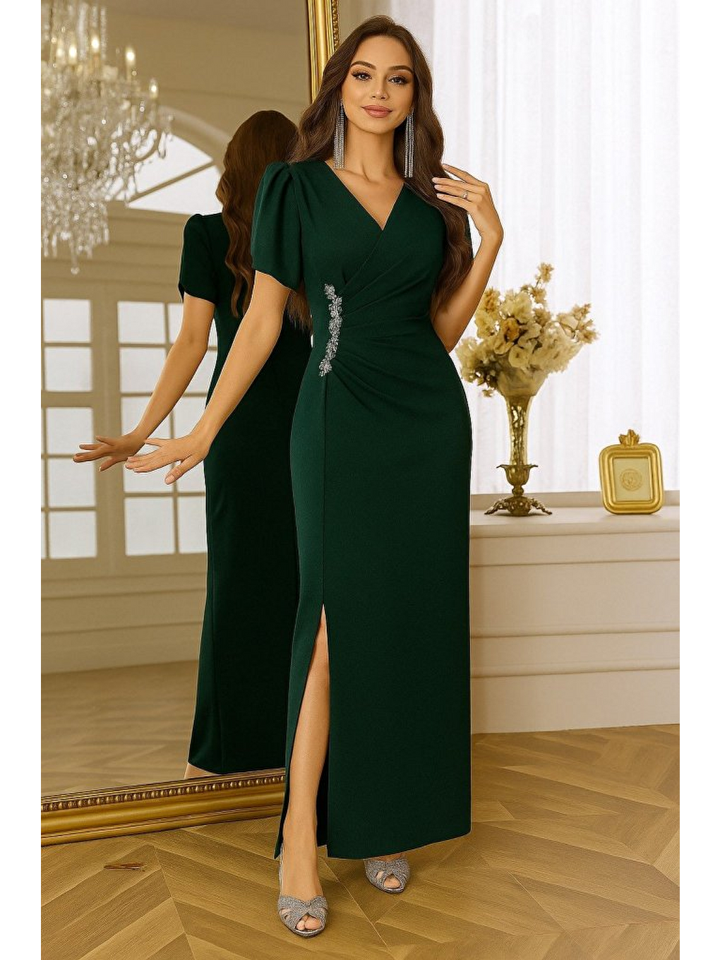 Yeşil Kadın Kısa Kollu Kruvaze Yakalı Belden çiçek Aksesuarlı Yırtmaçlı Ithal Krep Elbise