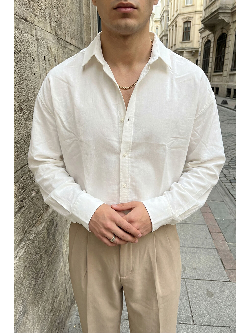 Beyaz Hive Premium Oversize Erkek Gömlek Kendinden Çizgili-1