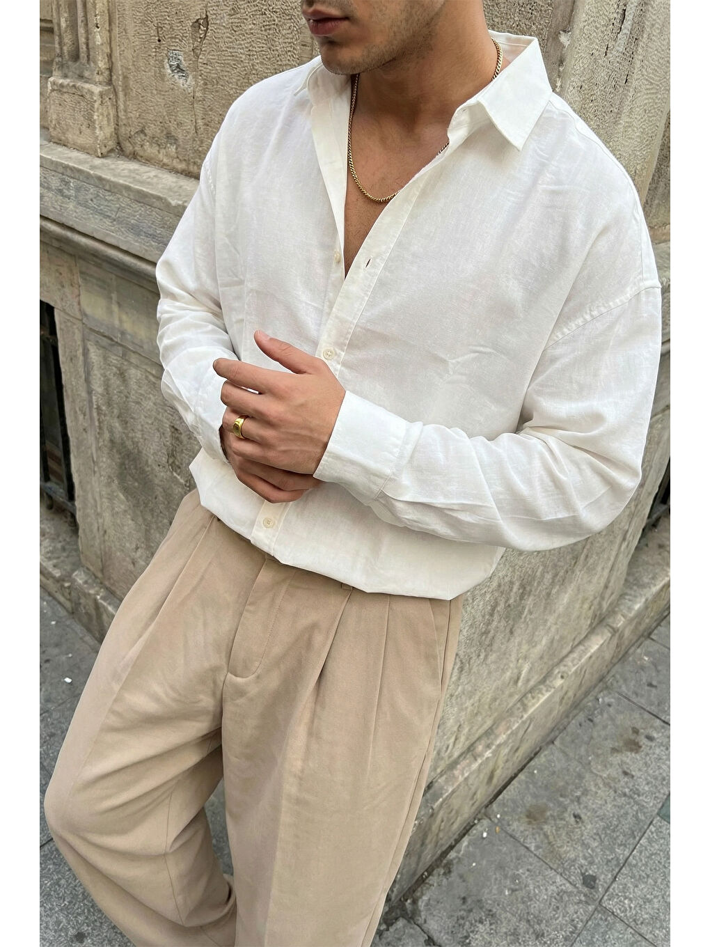 Beyaz Hive Premium Oversize Erkek Gömlek Kendinden Çizgili-2