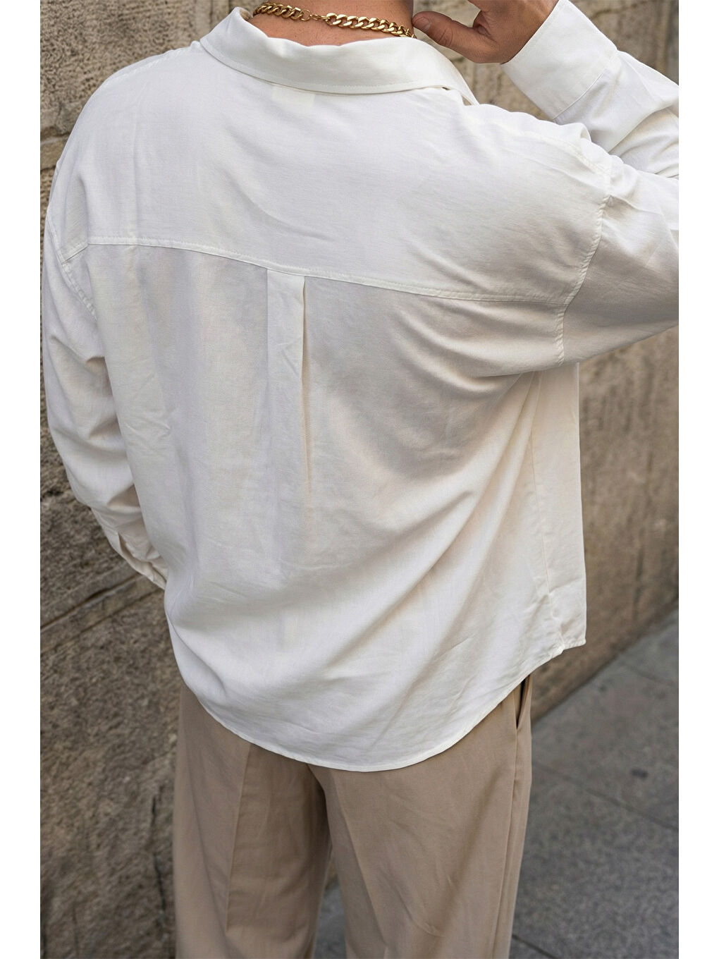 Beyaz Hive Premium Oversize Erkek Gömlek Kendinden Çizgili-3