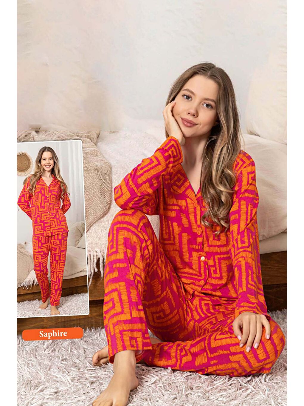 Kadın Labirent Desen Düğmeli Saphire Pijama Takımı 0374 Fuşya-3
