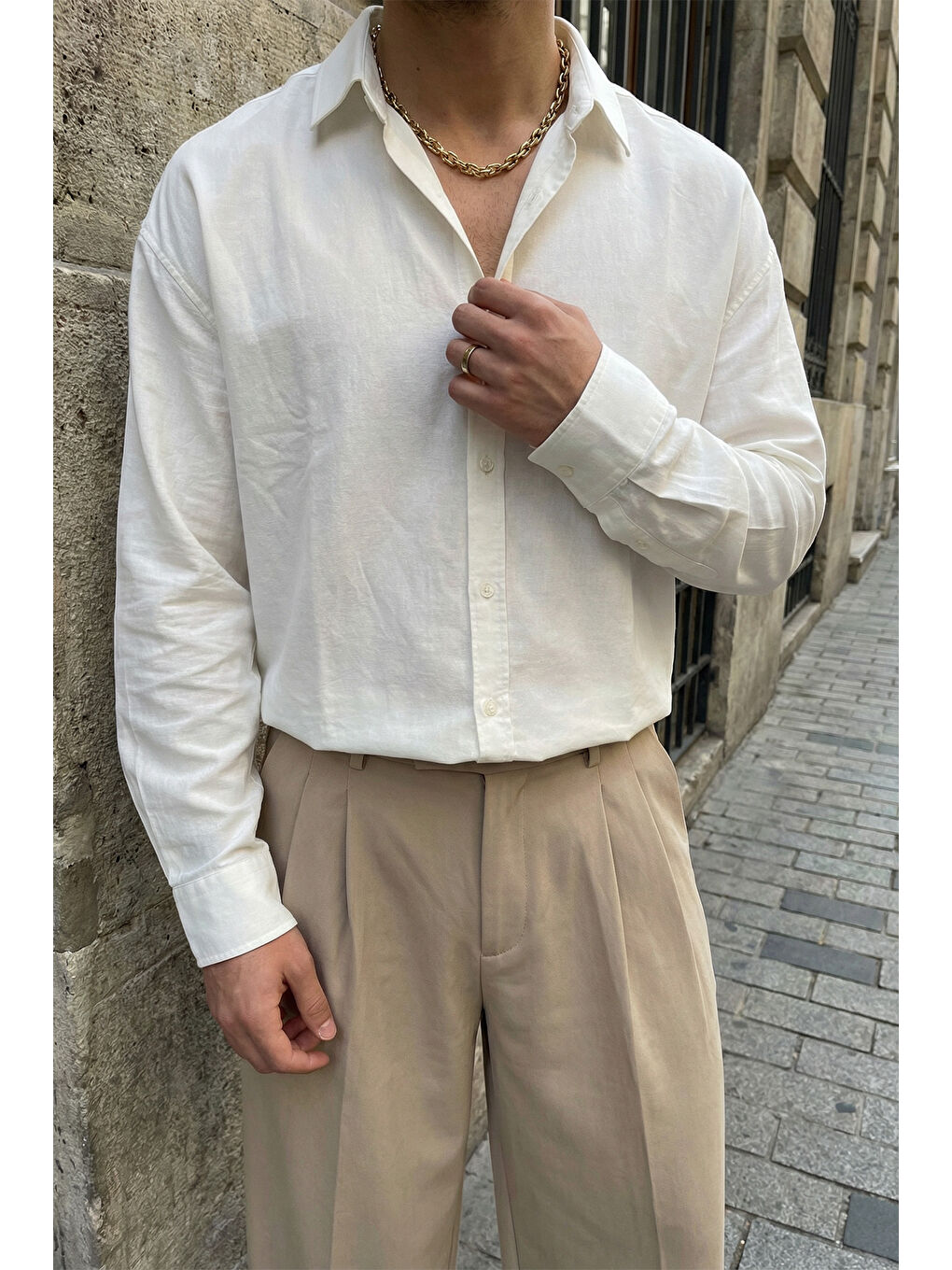 Beyaz Hive Premium Oversize Erkek Gömlek Kendinden Çizgili-4