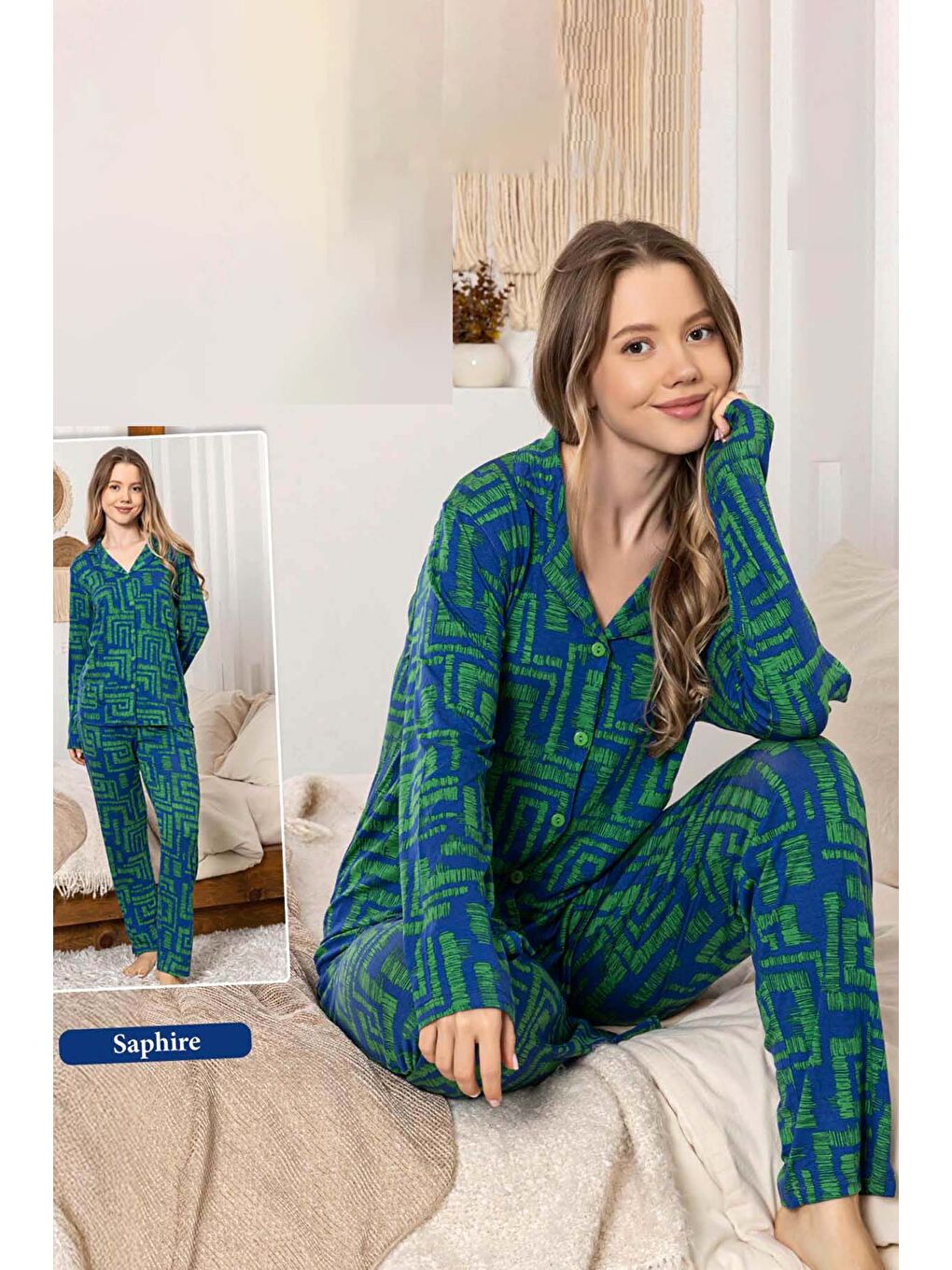 Kadın Labirent Desen Düğmeli Saphire Pijama Takımı 0384 Yeşil01-2