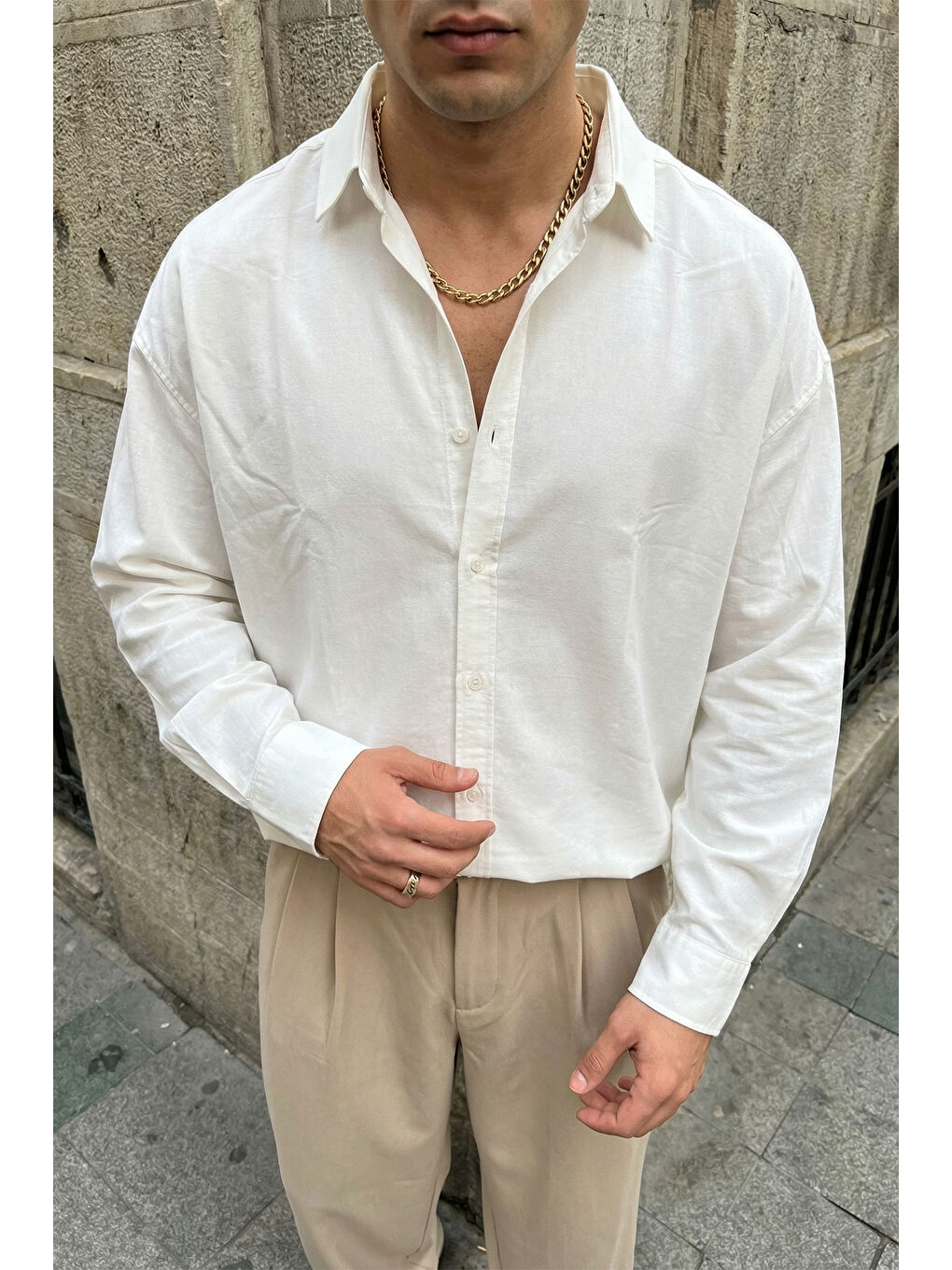 Beyaz Hive Premium Oversize Erkek Gömlek Kendinden Çizgili-5