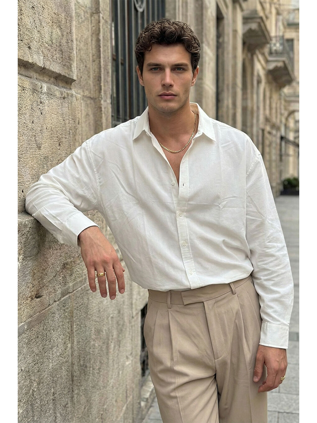 Beyaz Hive Premium Oversize Erkek Gömlek Kendinden Çizgili-6