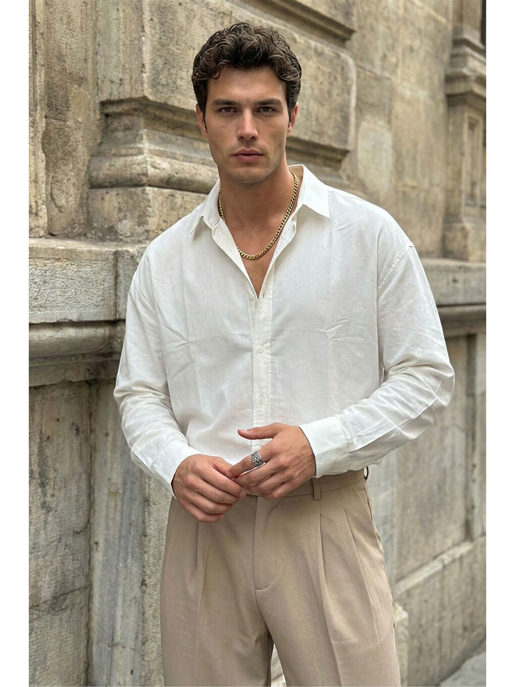 Beyaz Hive Premium Oversize Erkek Gömlek Kendinden Çizgili-7