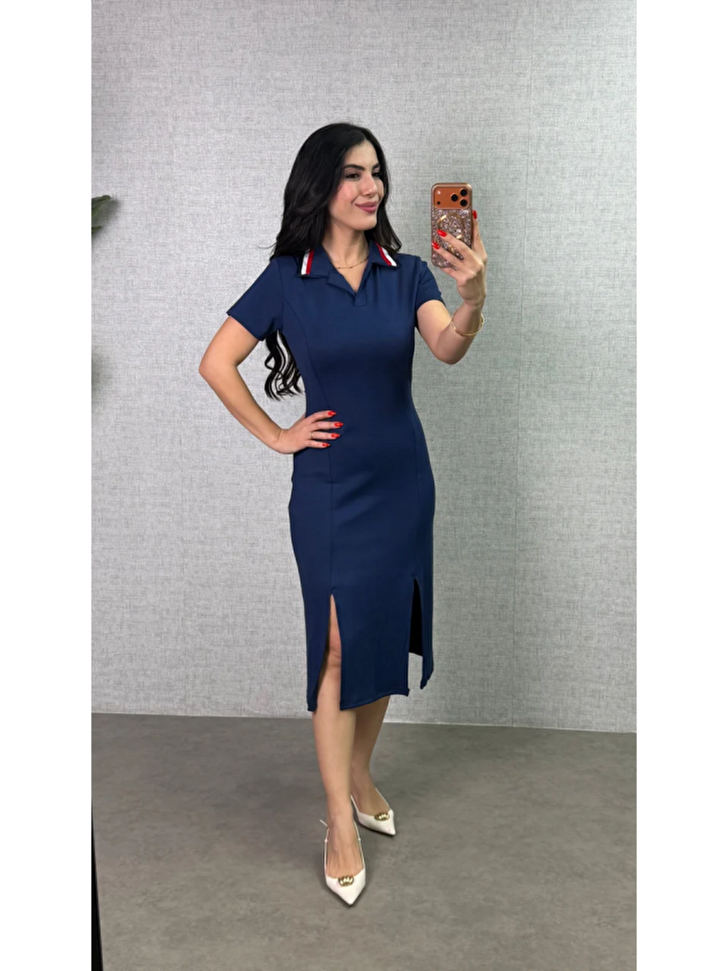 Mavi Kadın Polo Yaka çift Yırtmaç Detay Modal Kumaş Midi Boy Elbise-4