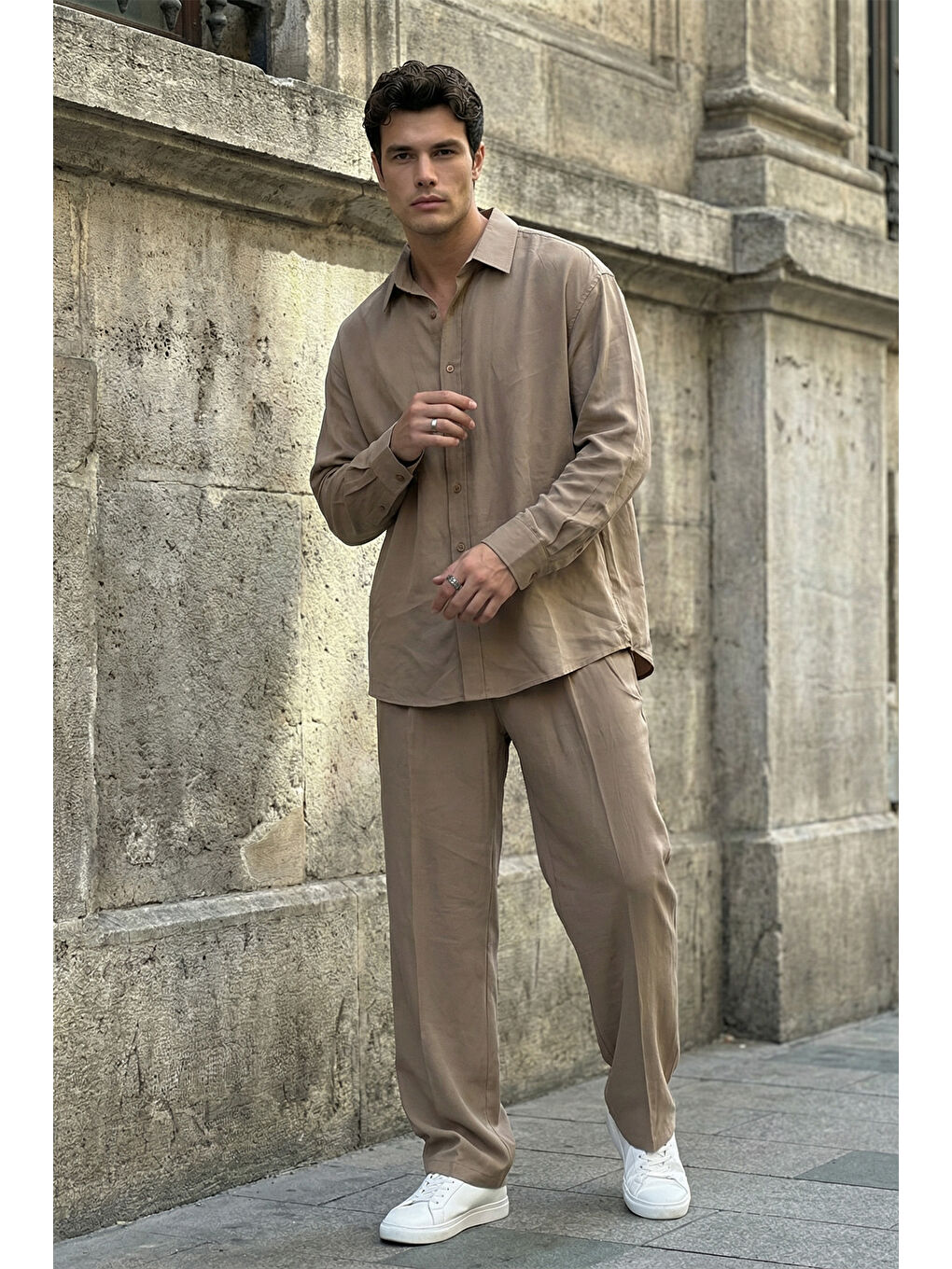 Bej Noda %100 Pamuk Oversize Erkek Modal İkili Takım Gömlek Pantolon