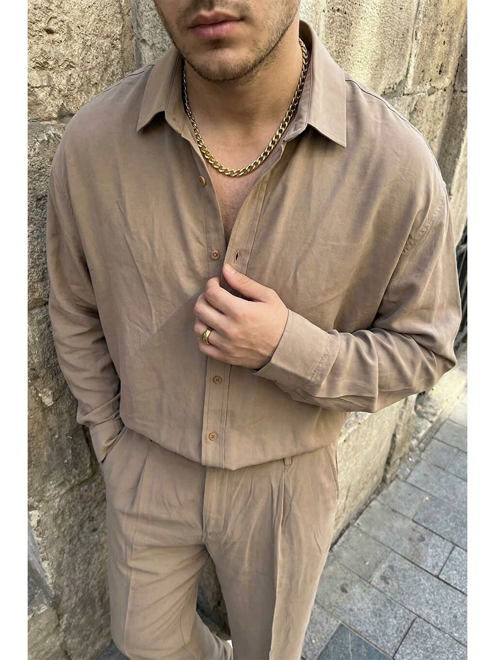 Bej Noda %100 Pamuk Oversize Erkek Modal İkili Takım Gömlek Pantolon-1
