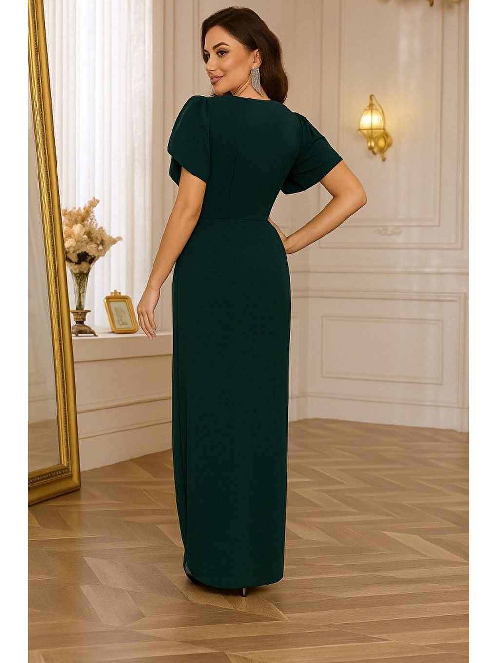 Yeşil Kadın Kısa Kollu Kruvaze Yakalı Belden çiçek Aksesuarlı Yırtmaçlı Ithal Krep Elbise-2