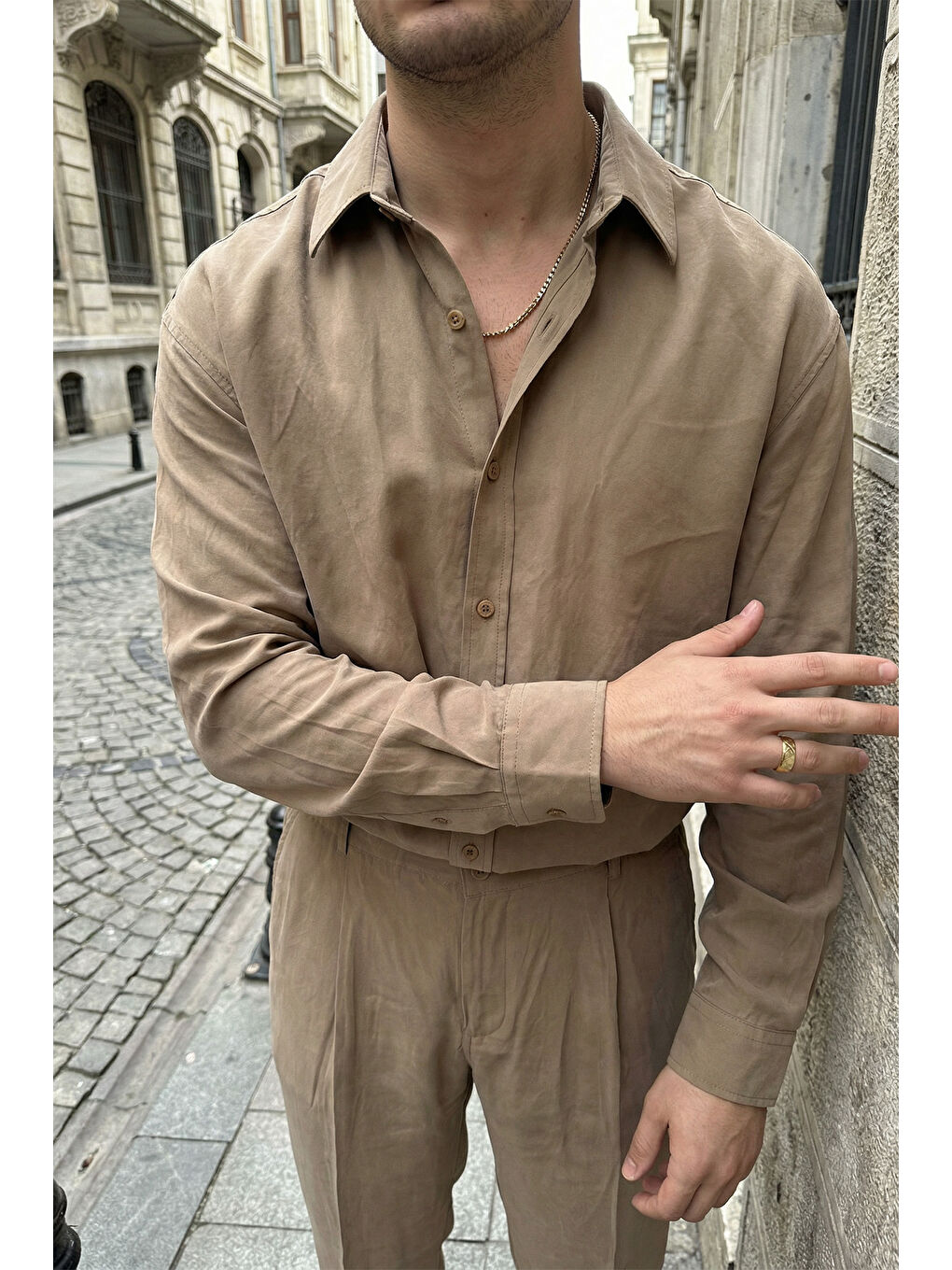 Bej Noda %100 Pamuk Oversize Erkek Modal İkili Takım Gömlek Pantolon-2