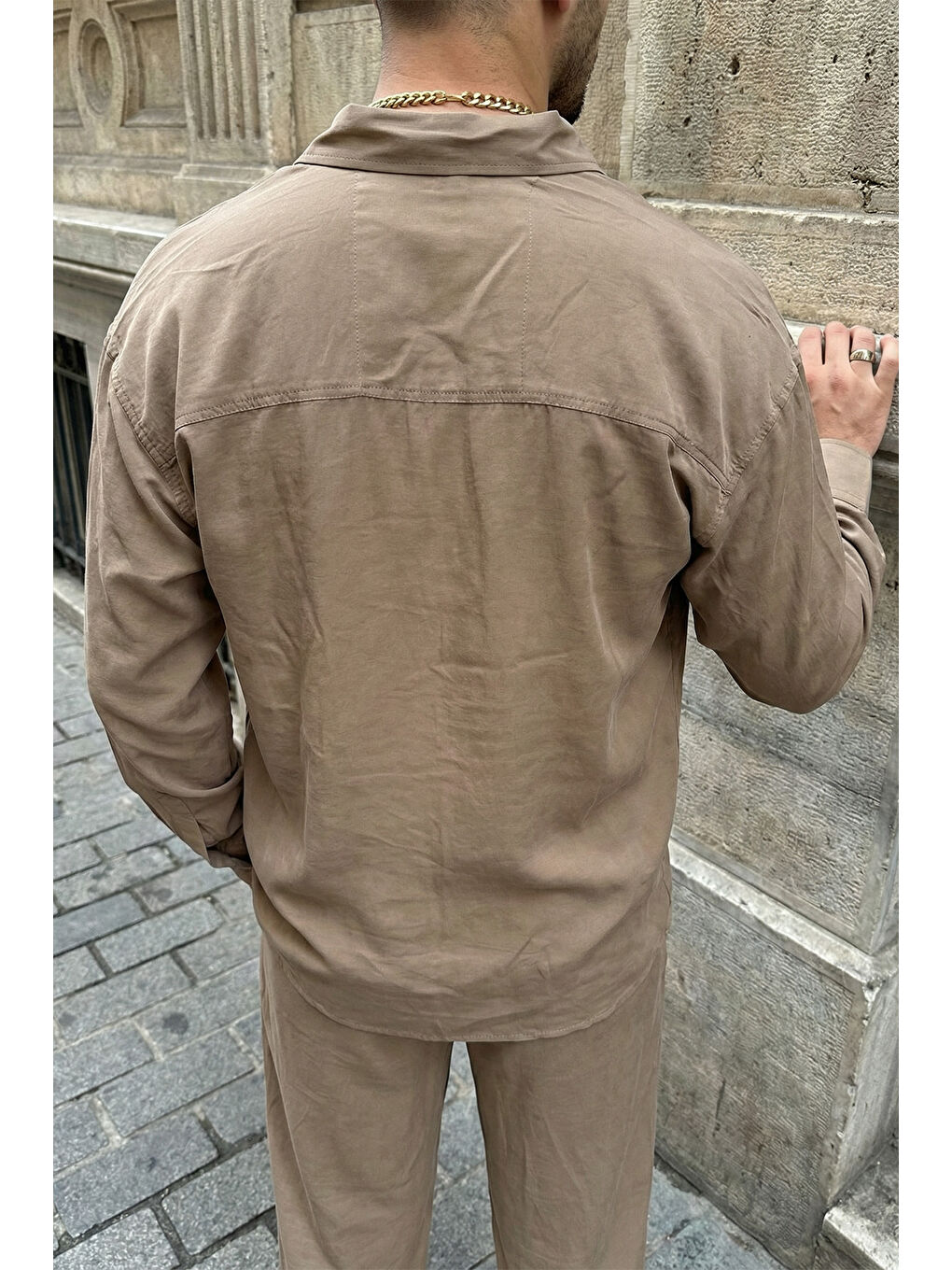 Bej Noda %100 Pamuk Oversize Erkek Modal İkili Takım Gömlek Pantolon-3