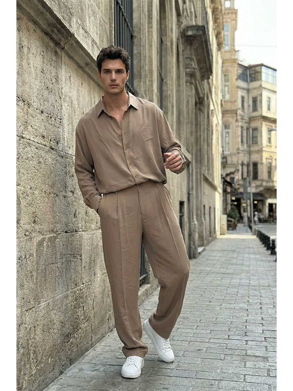 Bej Noda %100 Pamuk Oversize Erkek Modal İkili Takım Gömlek Pantolon-4