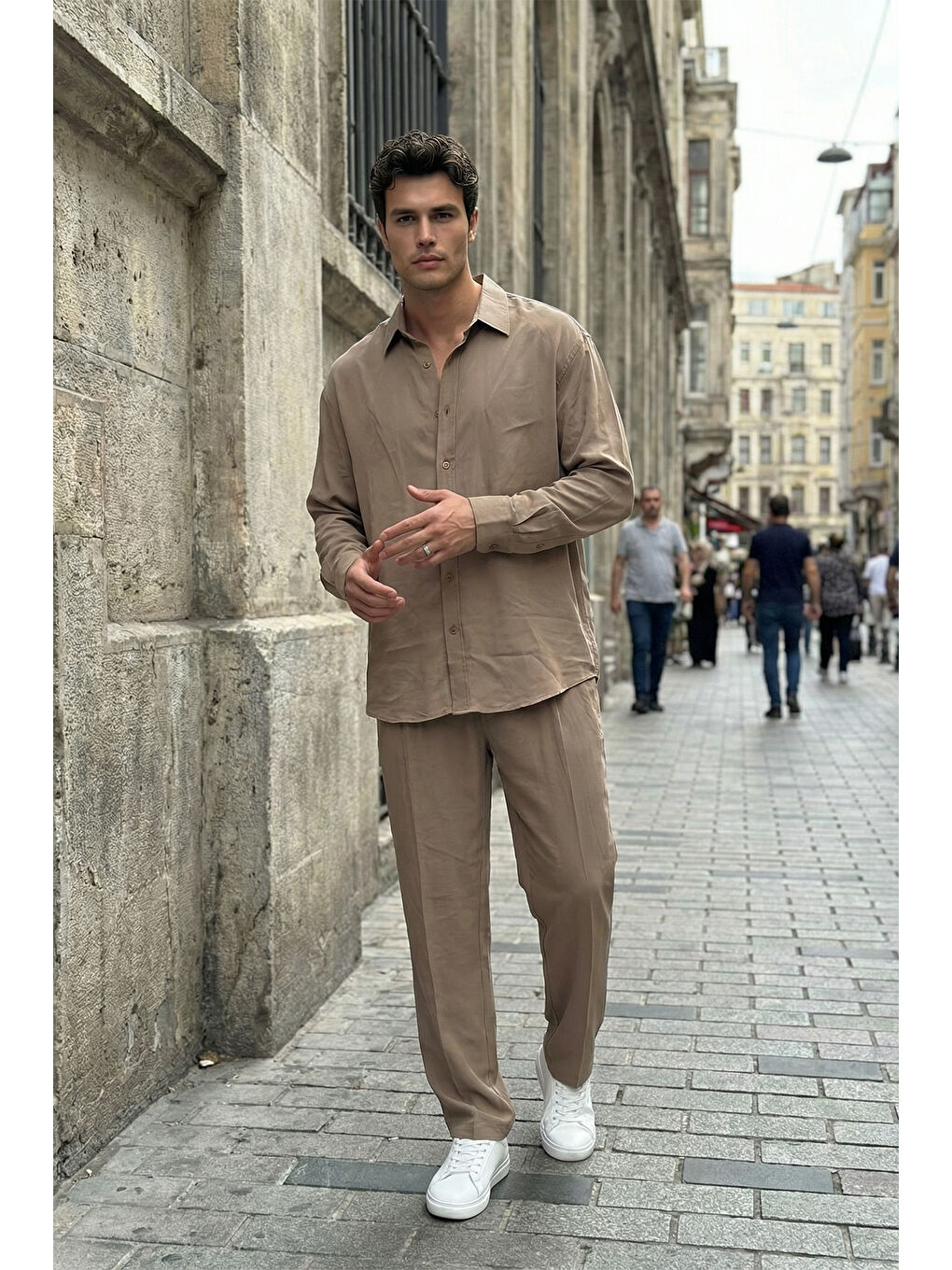 Bej Noda %100 Pamuk Oversize Erkek Modal İkili Takım Gömlek Pantolon-5