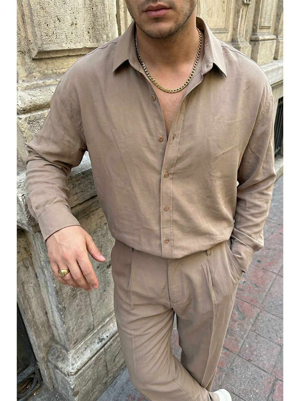 Bej Noda %100 Pamuk Oversize Erkek Modal İkili Takım Gömlek Pantolon-6