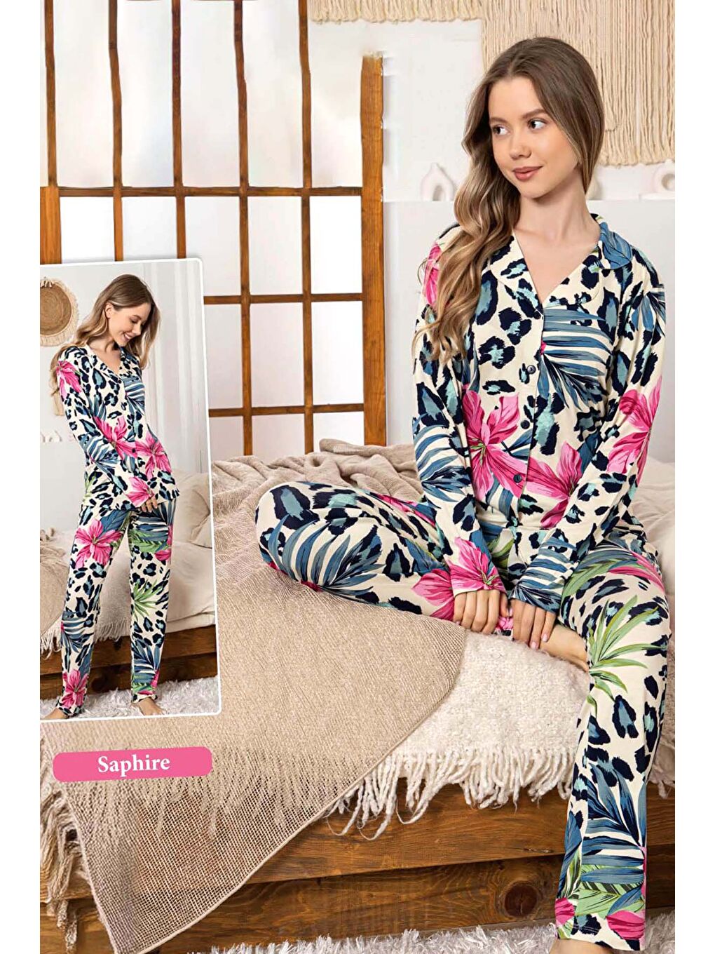 Ekru Kadın Tropik Desen Düğmeli Saphire Pijama Takımı 0341 Krem