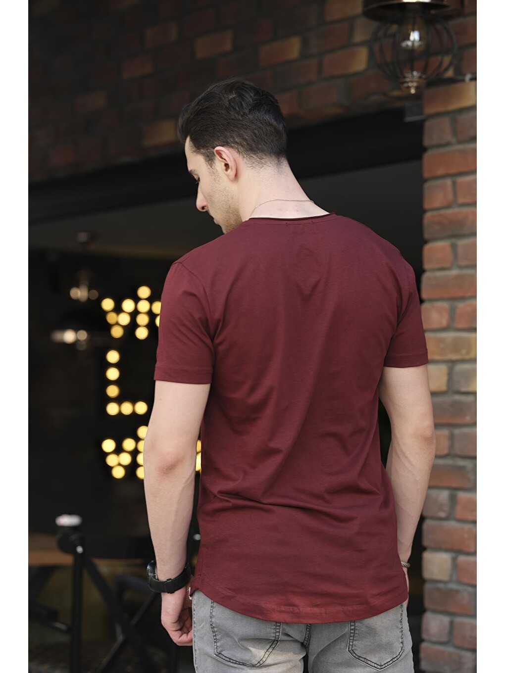 Bordo Açık Yaka Slim Fit Tişört-2