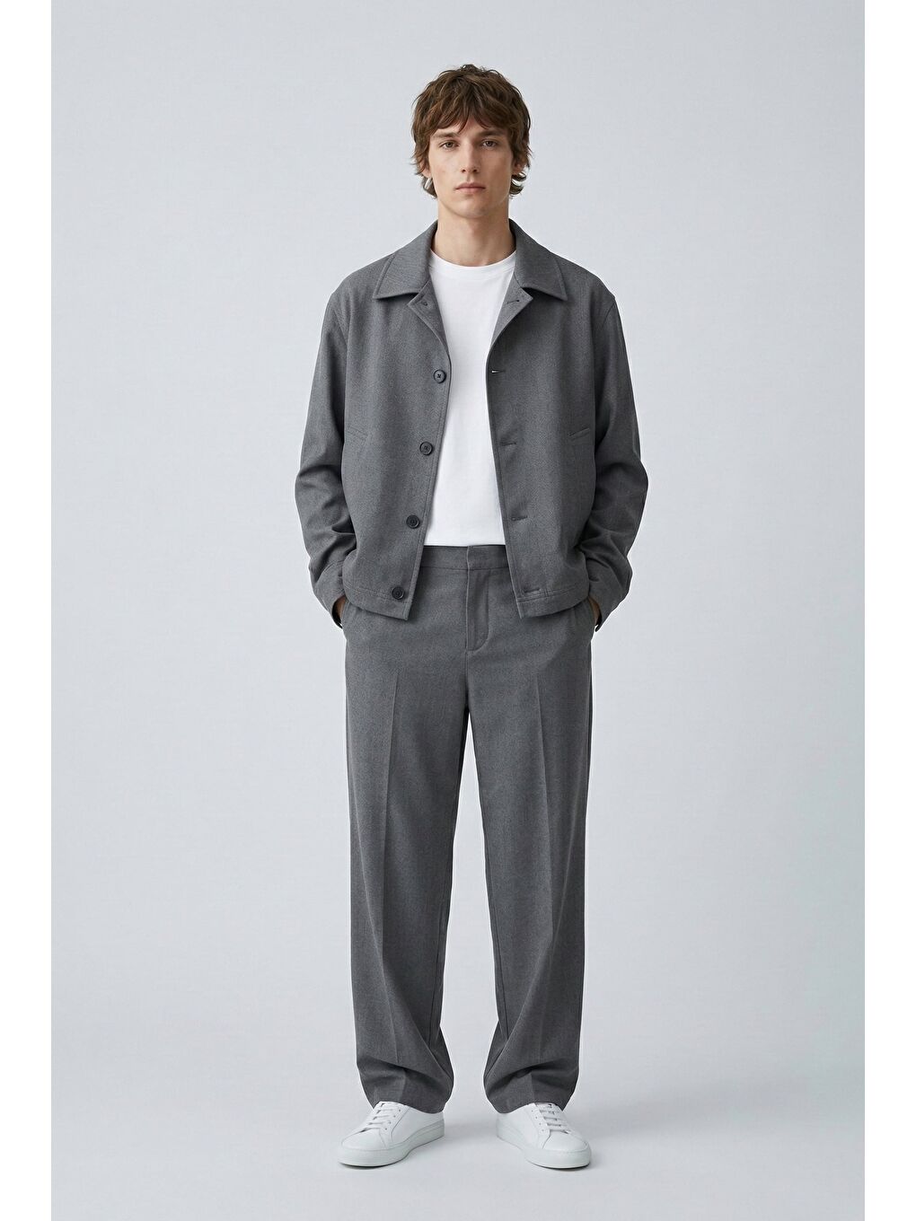 Erkek Smart Casual Bol Paça Relaxed Fit Pantolon Gri-2