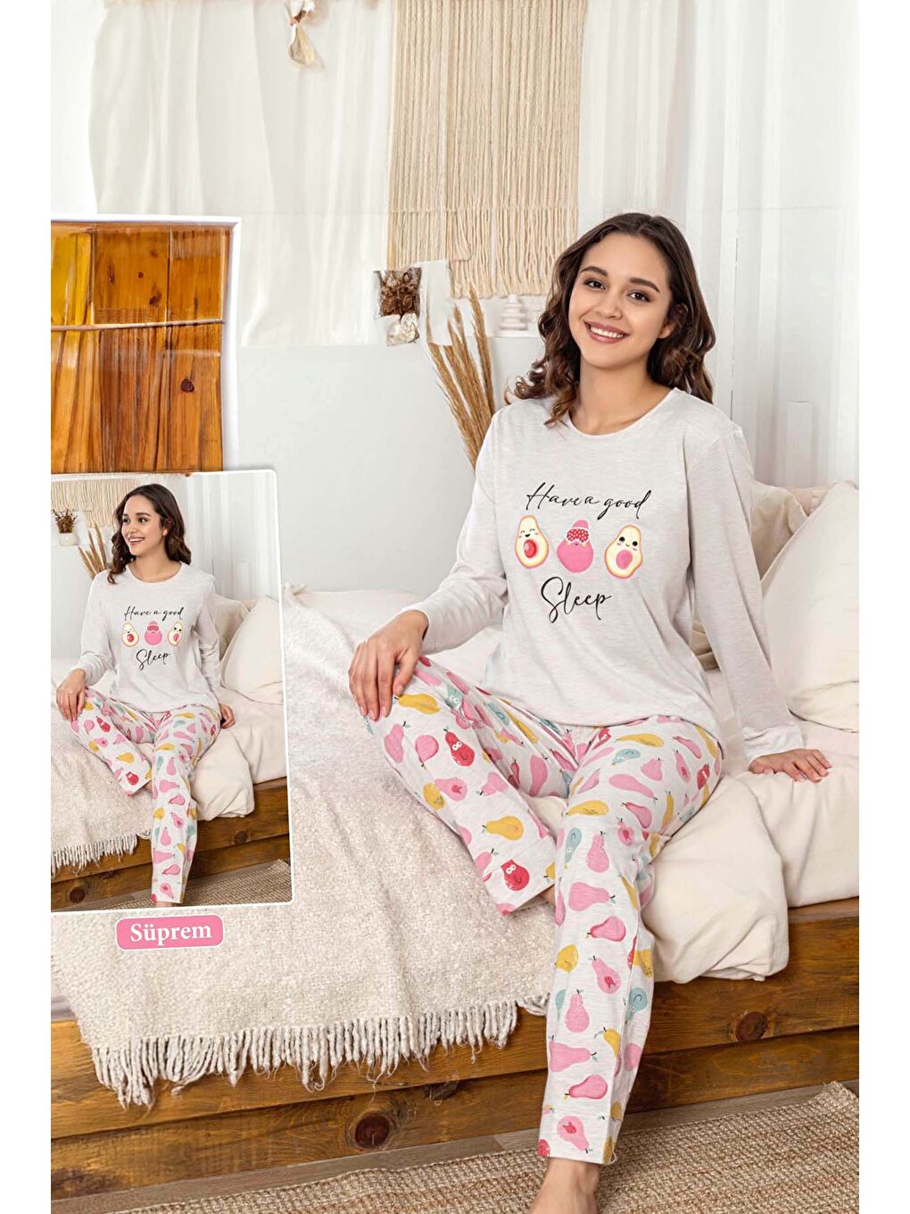 Kadın Avakado Desen Suprem Pijama Takımı 0459 Gri-1