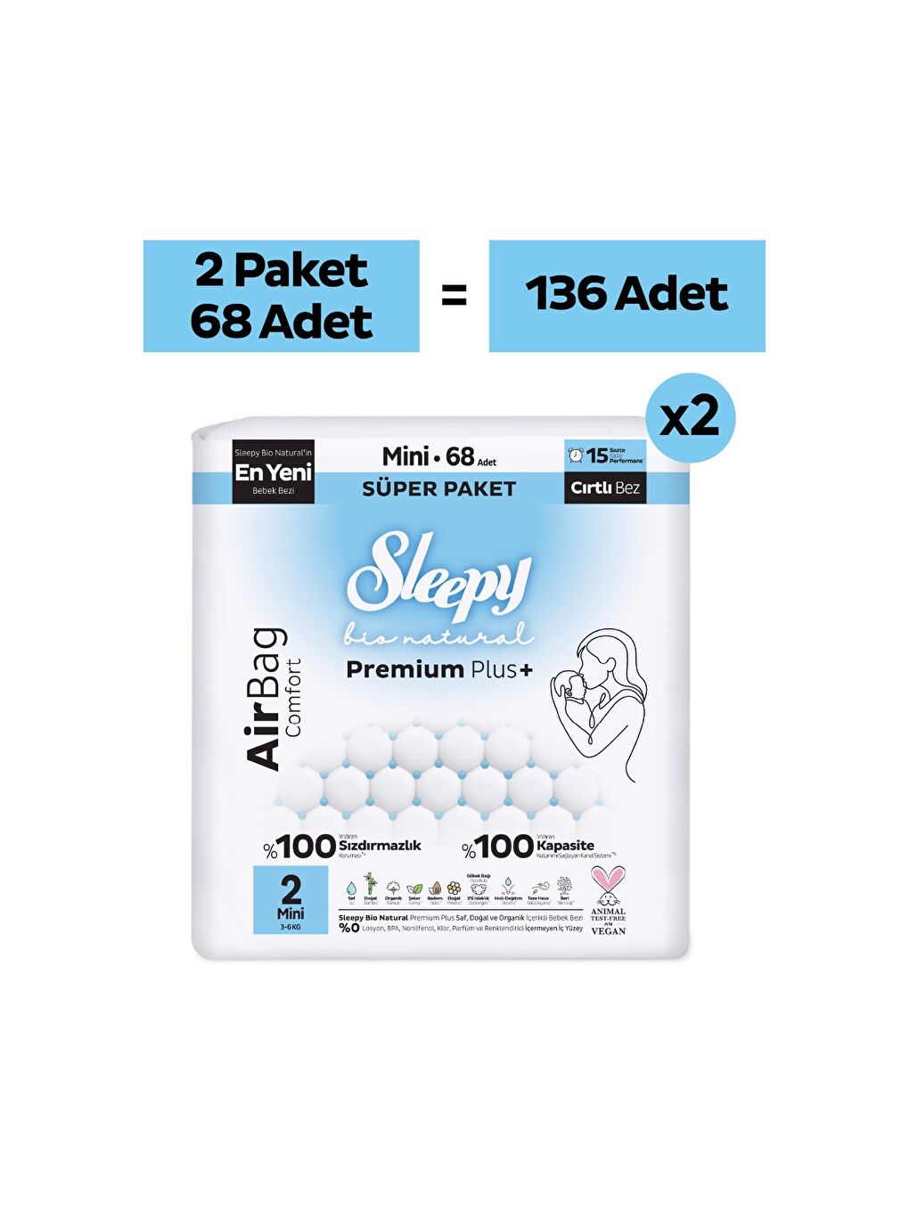 Bio Natural Premium Plus Airbag Comfort Avantaj Paketi Bebek Bezi 2 Numara Mini 136 Adet-1