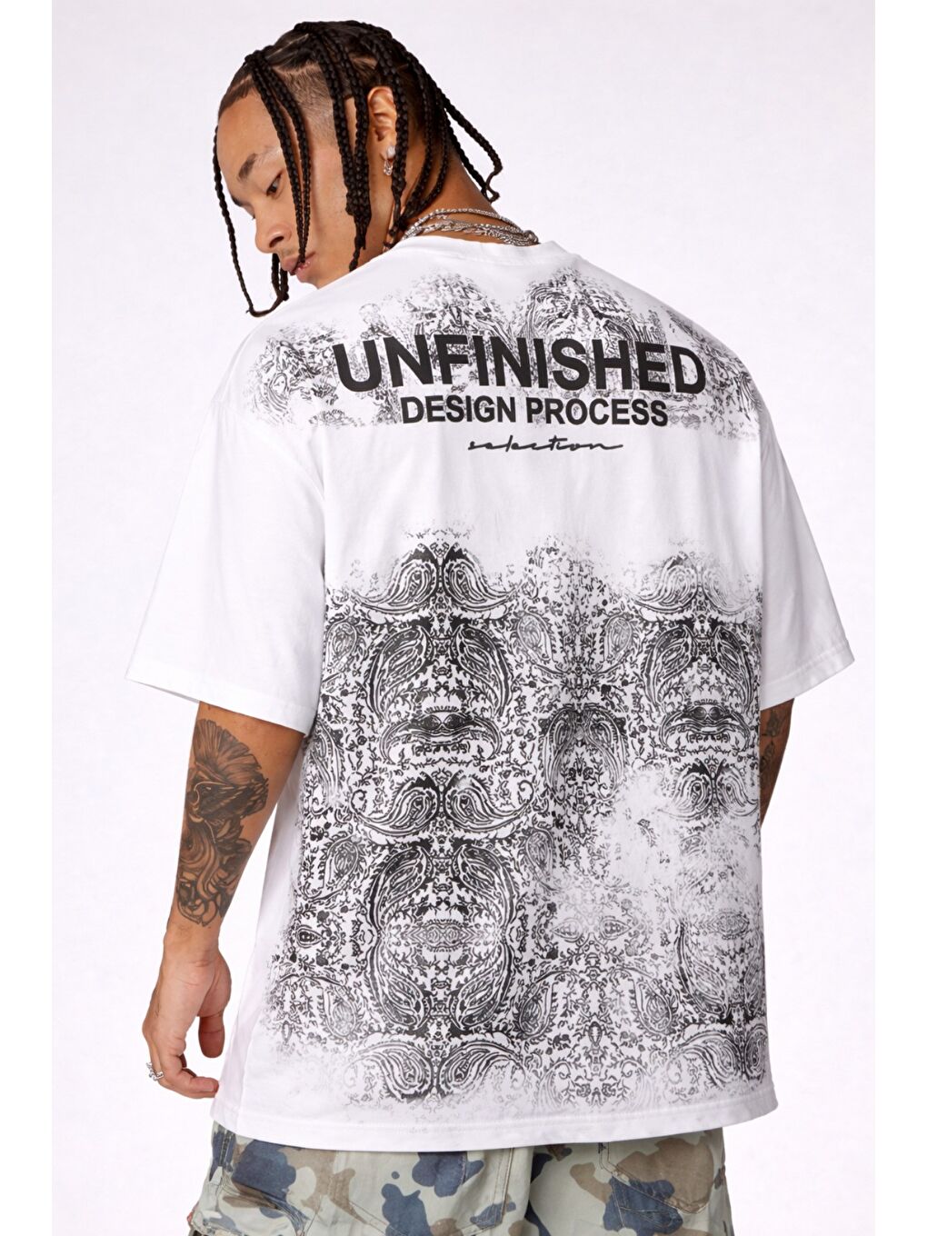 Beyaz Erkek Oversize Tişört Never Stop Trying Baskılı Salaş Kalıp