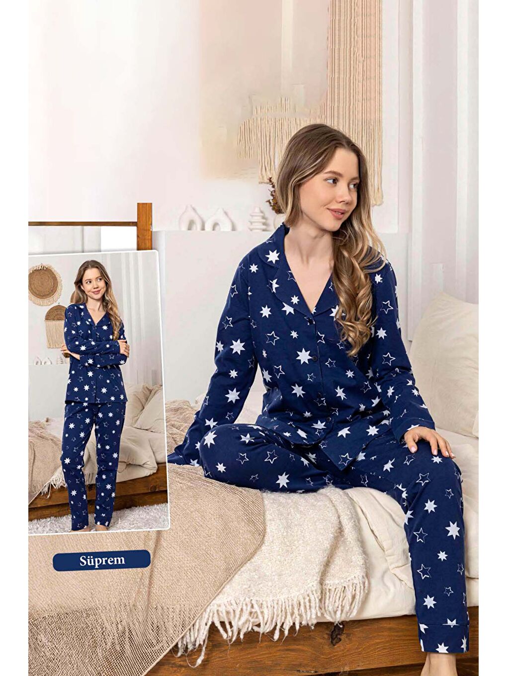Kadın Yıldız Desen Düğmeli Suprem Pijama Takımı 0383 Lacivert01
