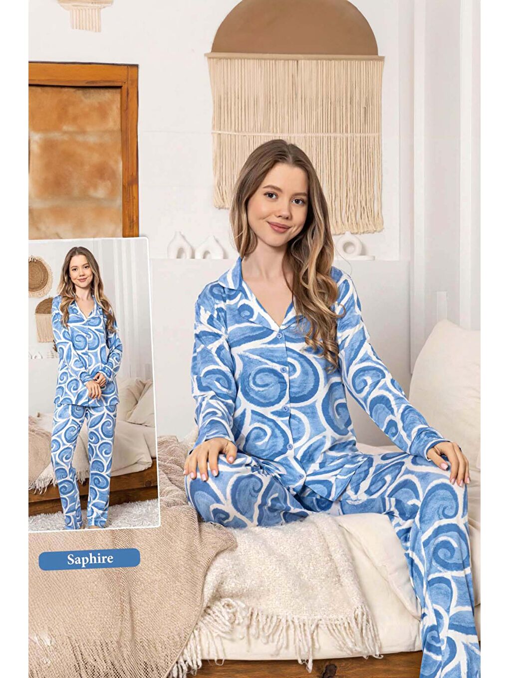 Kadın Rüzgar Desen Düğmeli Saphire Pijama Takımı 0375 Mavi-3