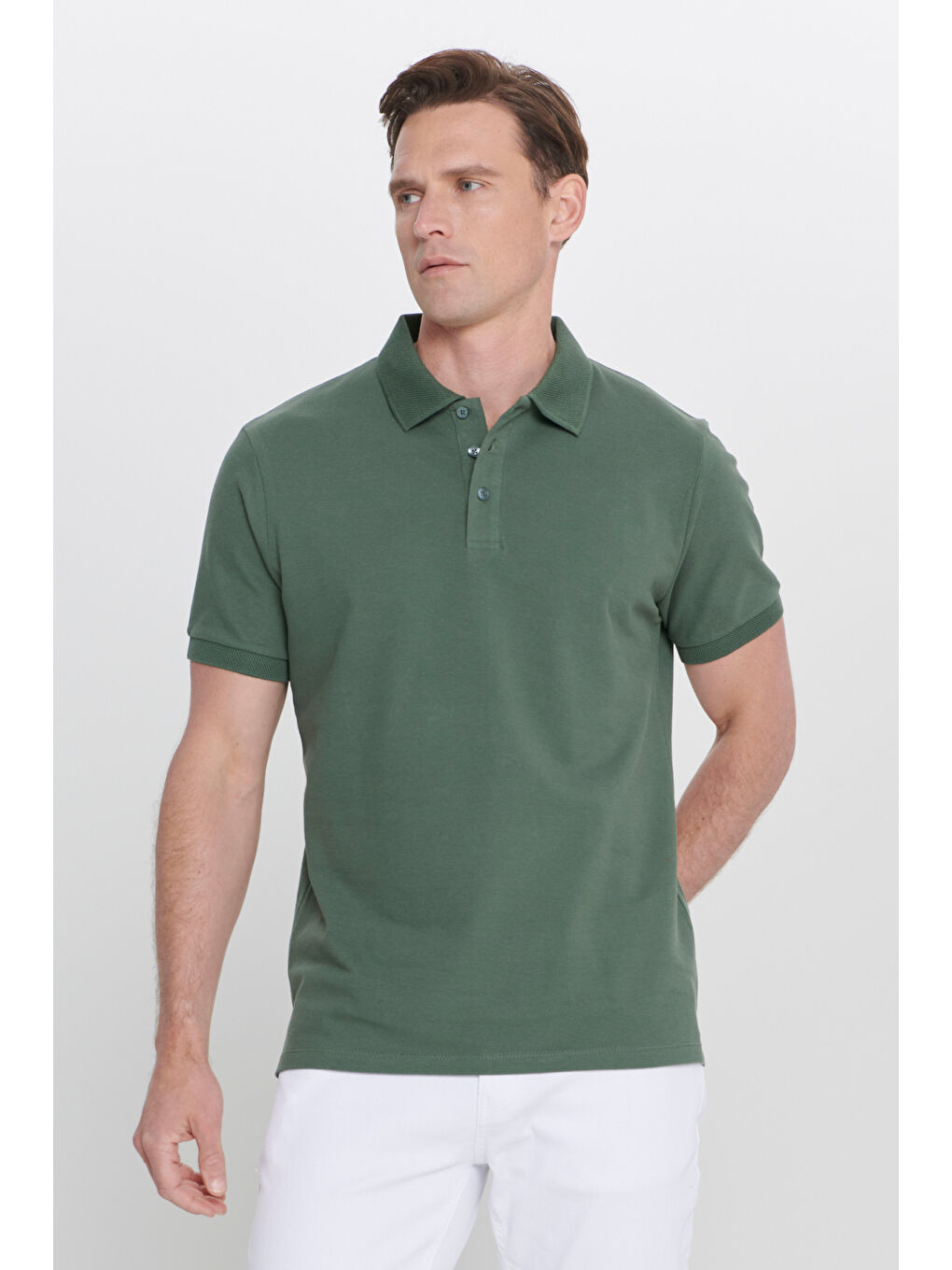 Erkek Haki Slim Fit Dar Kesim Polo Yaka %100 Pamuk Kısa Kollu Tişört