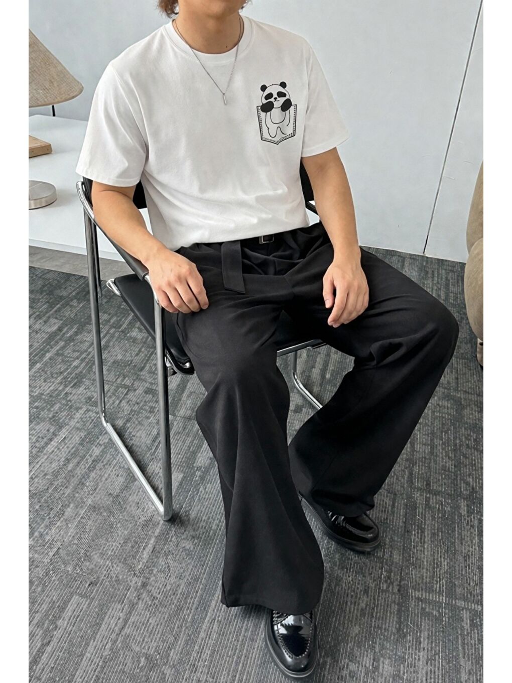 Beyaz Panda Baskılı Unisex Basic Tişört – Rahat Kesim Günlük Stil-1