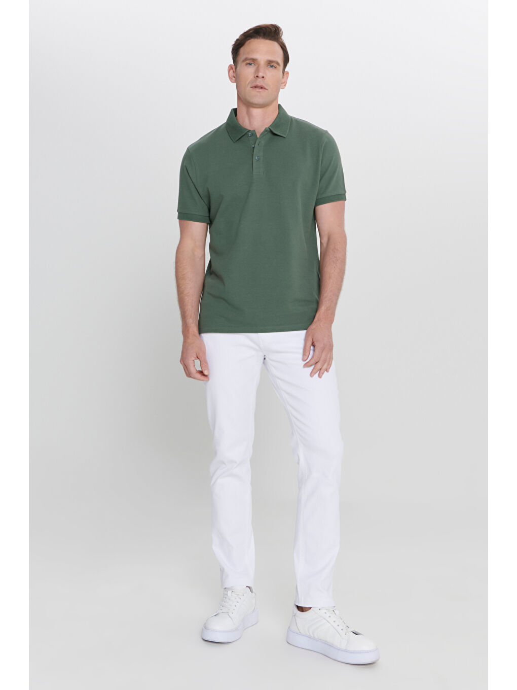 Erkek Haki Slim Fit Dar Kesim Polo Yaka %100 Pamuk Kısa Kollu Tişört-1