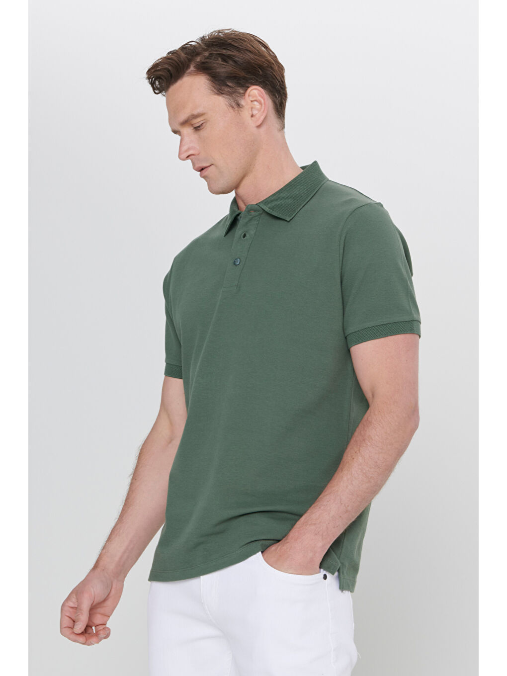 Erkek Haki Slim Fit Dar Kesim Polo Yaka %100 Pamuk Kısa Kollu Tişört-2