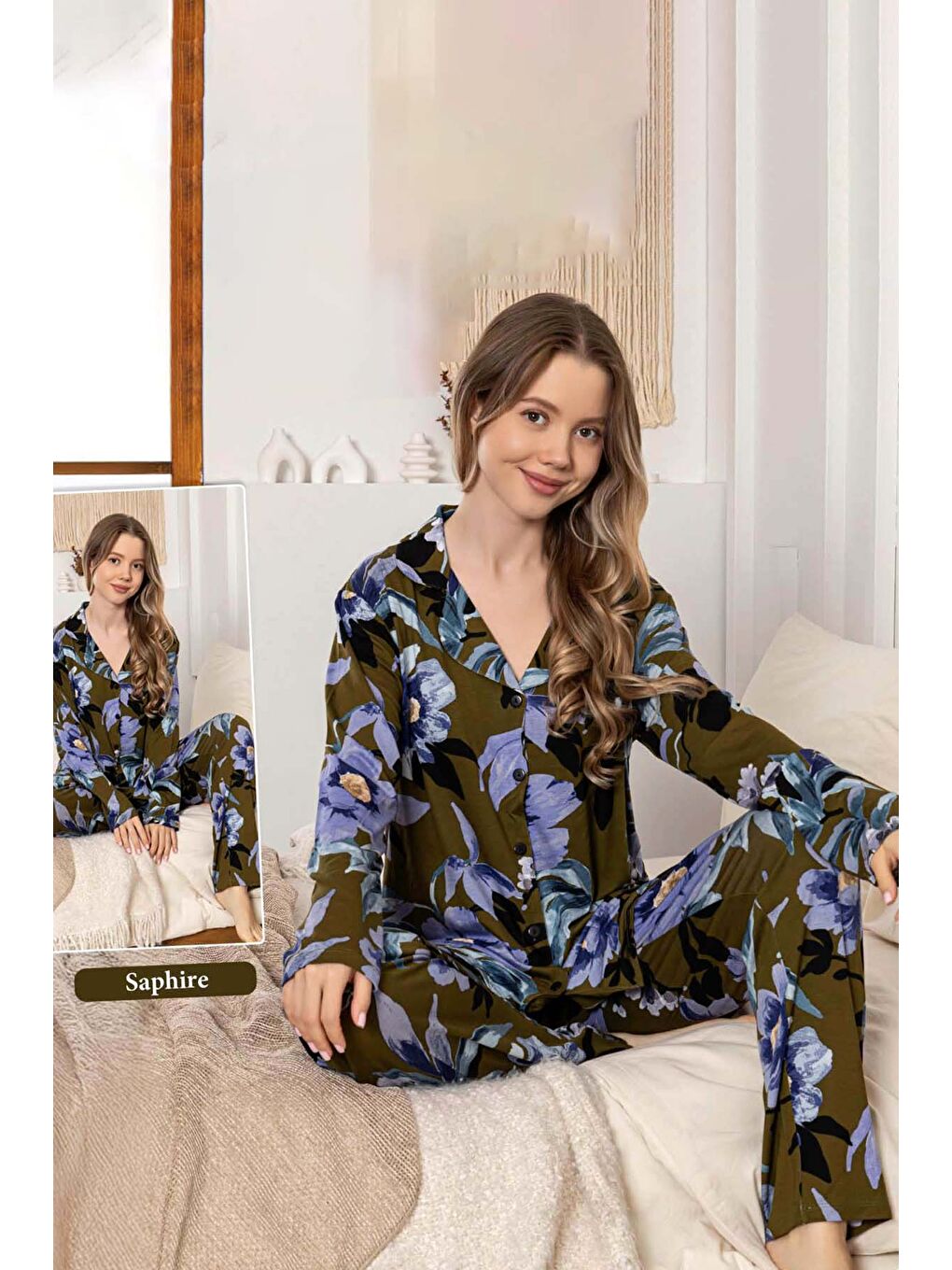 Kadın Büyük Çiçek Desen Düğmeli Saphire Pijama Takımı 0387 Haki