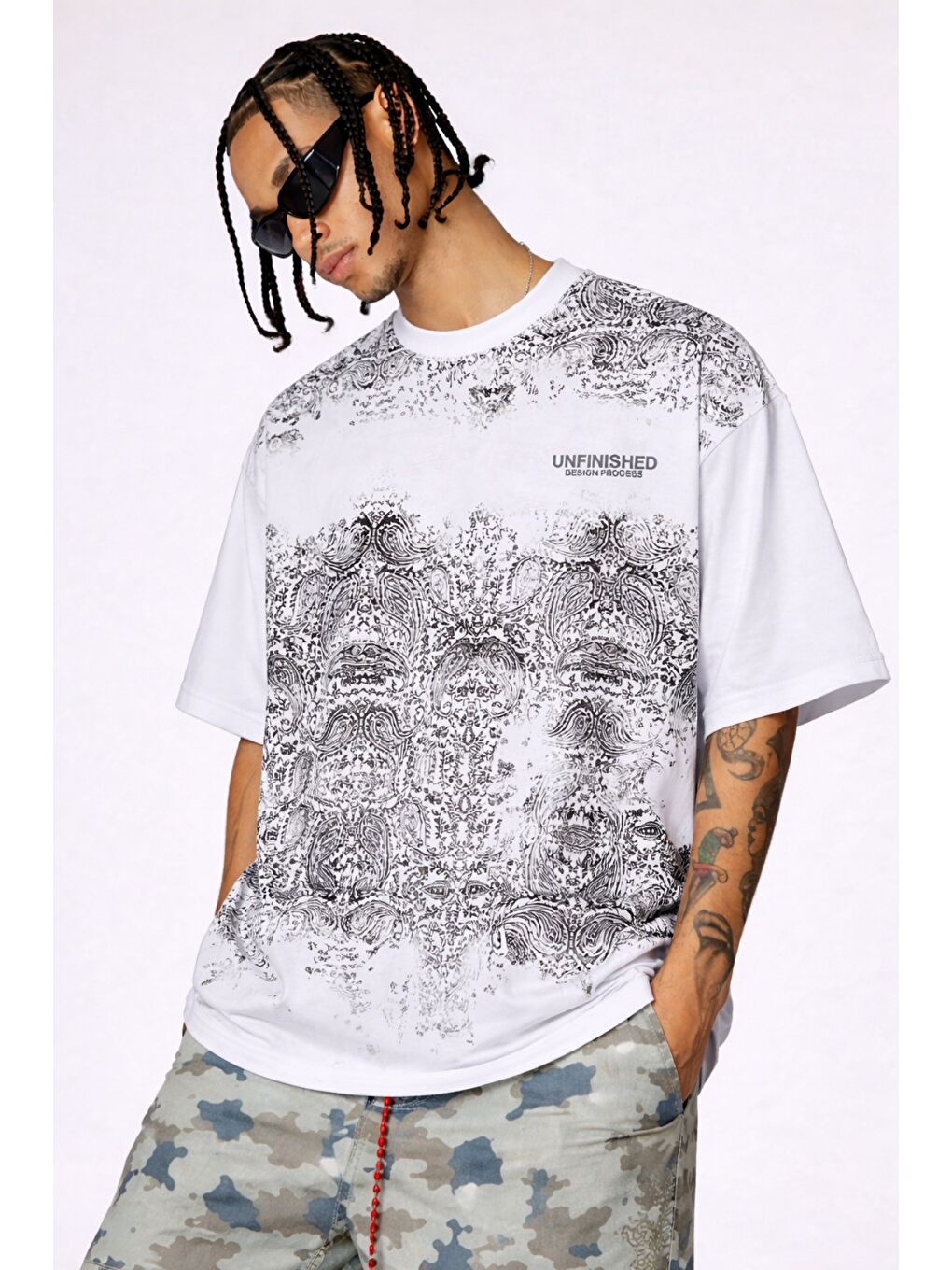 Beyaz Erkek Oversize Tişört Never Stop Trying Baskılı Salaş Kalıp-1