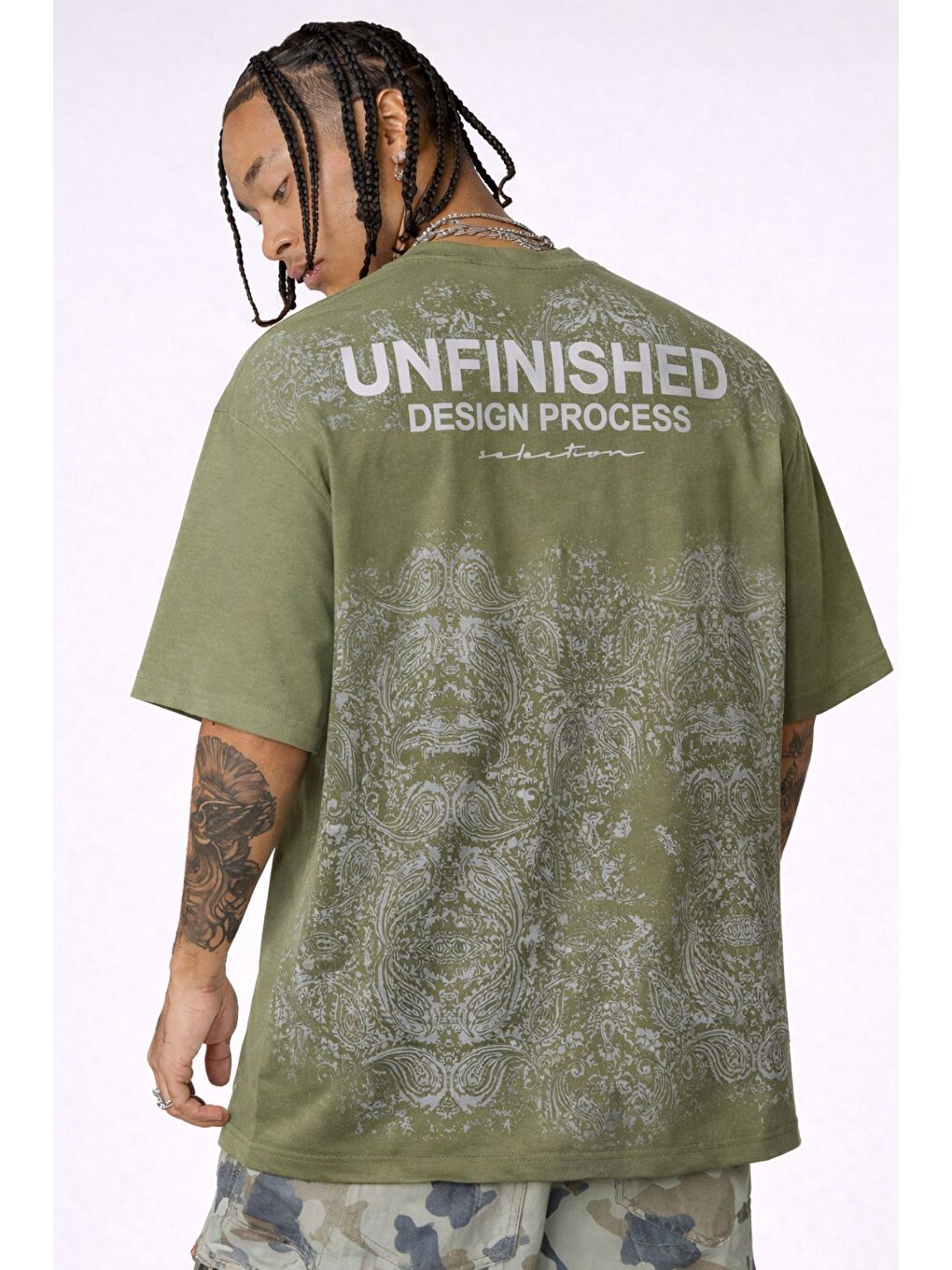 Haki Erkek Oversize Tişört Never Stop Trying Baskılı Salaş Kalıp