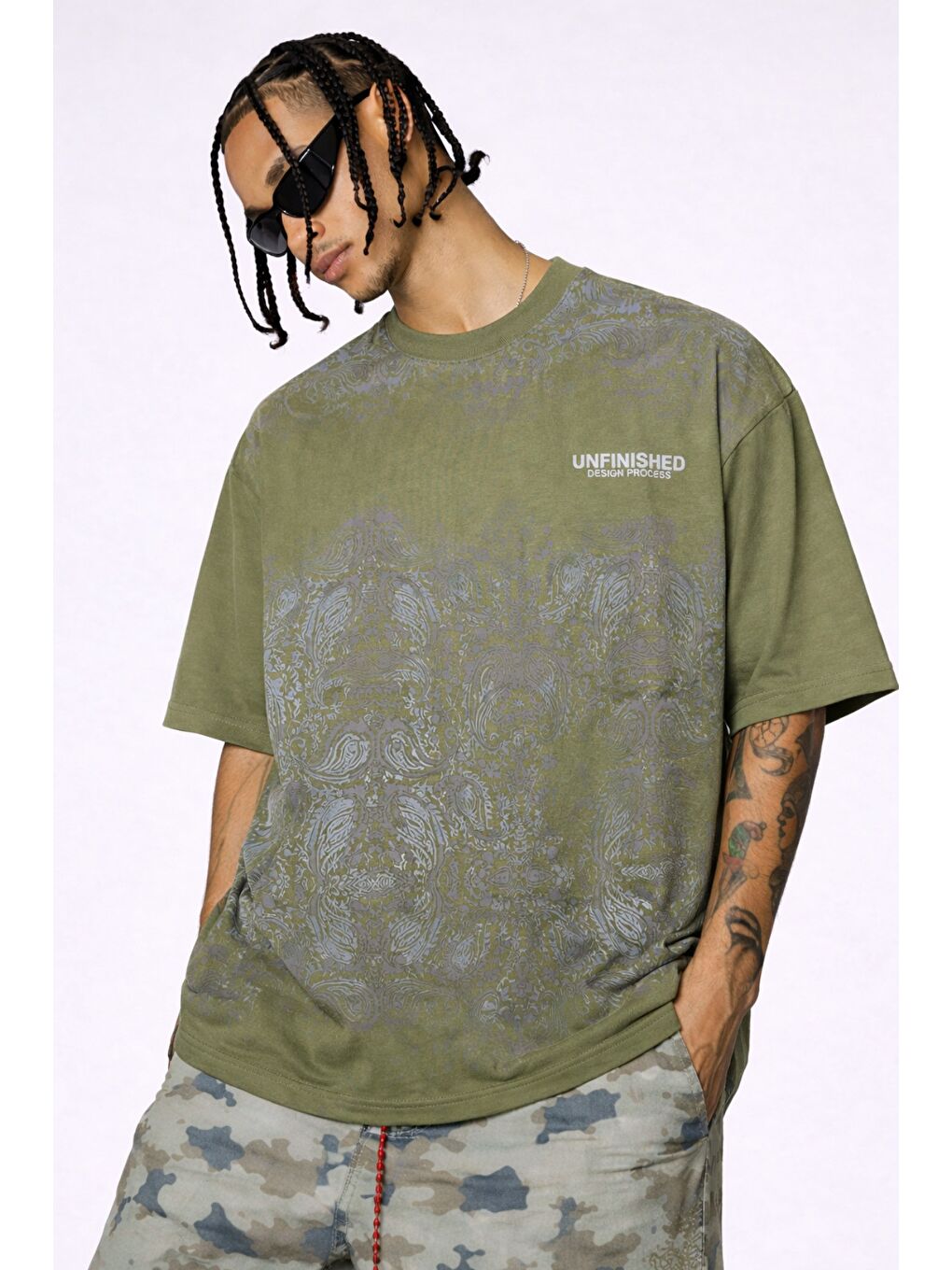 Haki Erkek Oversize Tişört Never Stop Trying Baskılı Salaş Kalıp-1